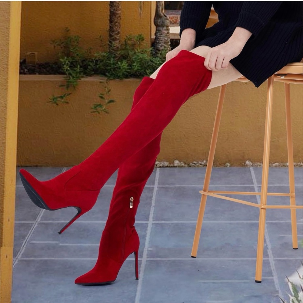 GPXGPX Red Suede Over The Knee Boots Women 6.5 High Heel Thigh High Pointed Toe